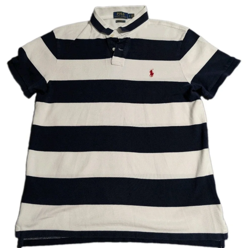 Polo Ralph Lauren Custom Slim Fit Polo Shirt Mens Large Rugby Stripe White Navy